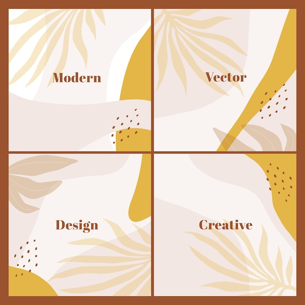 Vector conjunto elegante de plantillas cuadradas con formas abstractas y hojas dibujadas a mano fondo neutro