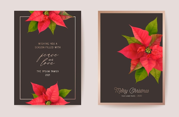 Conjunto de elegante tarjeta de feliz navidad y año nuevo con flores realistas de poinsettia, guirnalda floral. ilustración de diseño de plantas 3d de invierno para saludos, invitación, volante, folleto, portada en vector