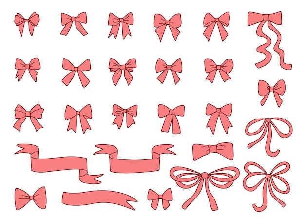 Conjunto de elegantes arcos de dibujos animados cintas de regalo en estilo doodle accesorio de moda para trenzar el cabello cintas dibujadas a mano vector dibujado a mano