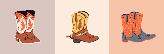 Vector conjunto de elegantes botas vaqueras con diferentes adornos colección de pares de zapatos