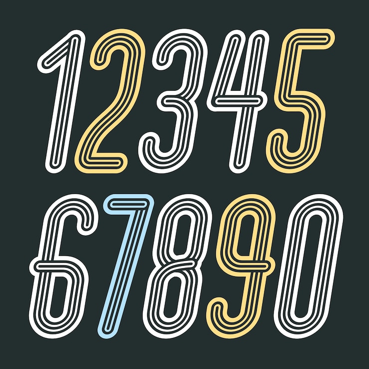 Vector conjunto de elegantes dígitos vectoriales disco, colección de números modernos. funky cursiva fina, números estrechos del 0 al 9 mejor para usar en el arte del cartel. confeccionado con triple decoración de rayas.