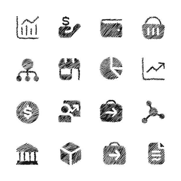 Vector conjunto de elegantes iconos de negocios dibujados a mano paquete de iconos de boceto