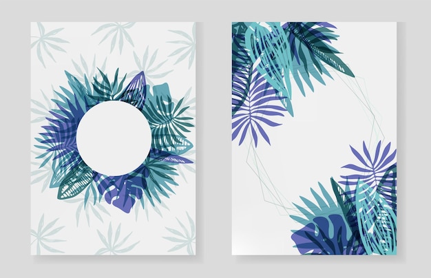 Conjunto de elegantes marcos azules de hojas tropicales