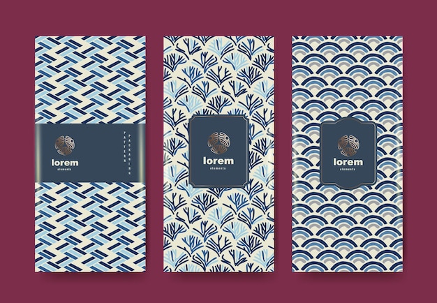 Conjunto de elegantes patrones japoneses sin costuras con texturas dibujadas a mano y esquema de colores azul beige Ideal para fondos de embalaje, marca y diseño de etiquetas premium