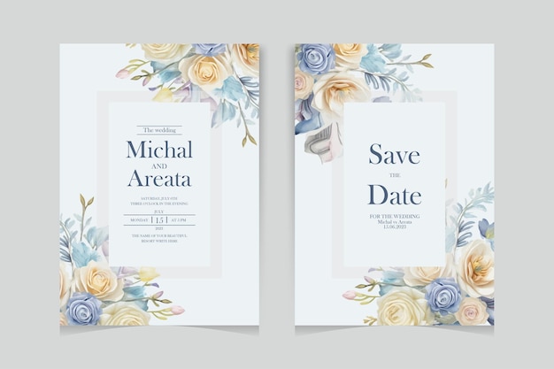 Conjunto de elegantes plantillas de tarjetas de invitación de bodas en acuarela con flores verdes