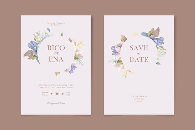 Conjunto de elegantes plantillas de tarjetas de invitación de bodas en acuarela con flores verdes