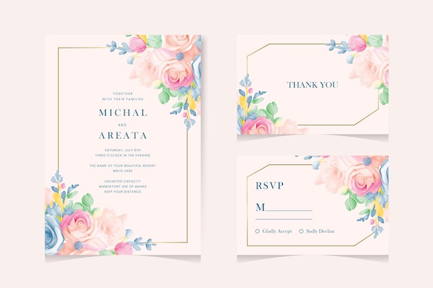 Conjunto de elegantes plantillas de tarjetas de invitación de bodas en acuarela con flores verdes