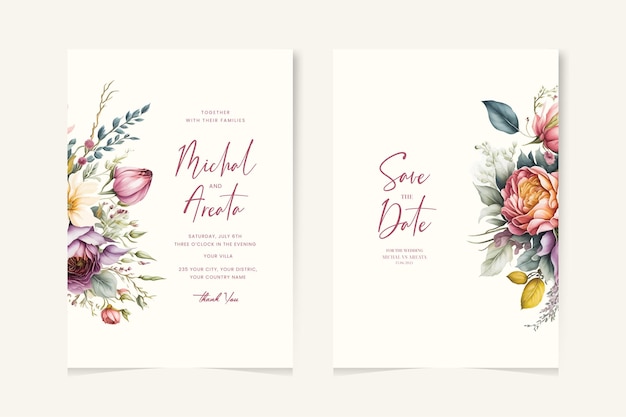 Conjunto de elegantes plantillas de tarjetas de invitación de bodas en acuarela con flores verdes