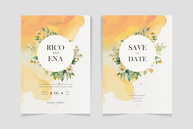 Conjunto de elegantes plantillas de tarjetas de invitación de bodas en acuarela con flores verdes