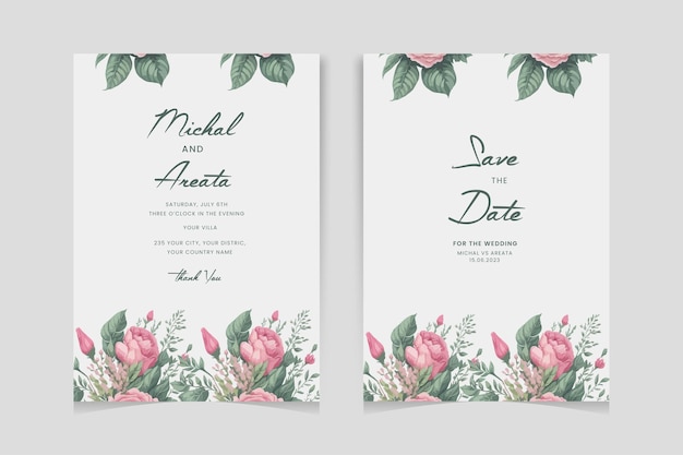 Conjunto de elegantes plantillas de tarjetas de invitación de bodas en acuarela con vegetación floral