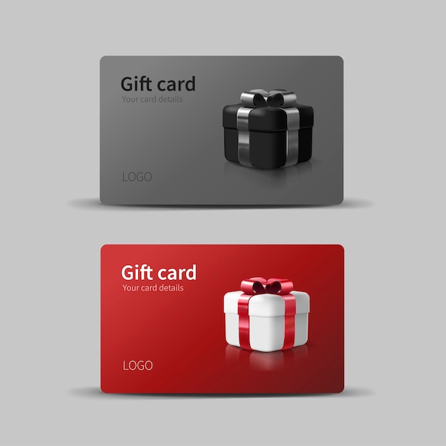 Conjunto de elegantes tarjetas de regalo con una tarjeta de bonificación de caja de regalos para la promoción de marketing para vacaciones y cumpleaños