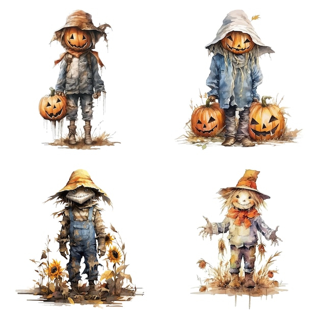 Conjunto de un elemento de acuarela muy detallado del evento de Halloween Scarecrow hecho con AI Vector Illustration