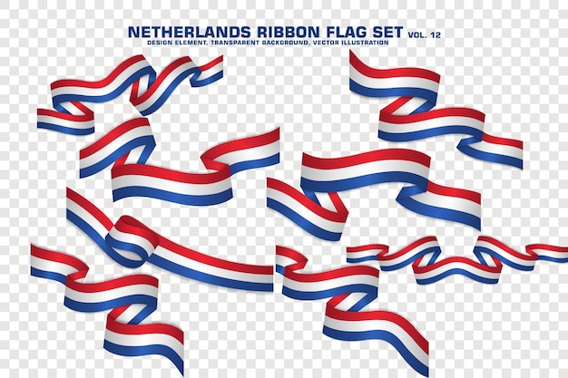 Conjunto de elemento de diseño de bandera de cinta de países bajos 3d en una ilustración de vector de fondo transparente