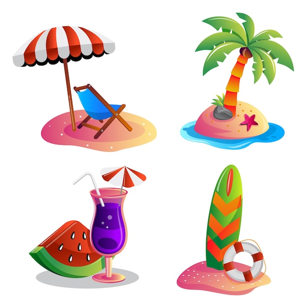 Conjunto de elemento de objeto en vector de dibujos animados de vacaciones de verano