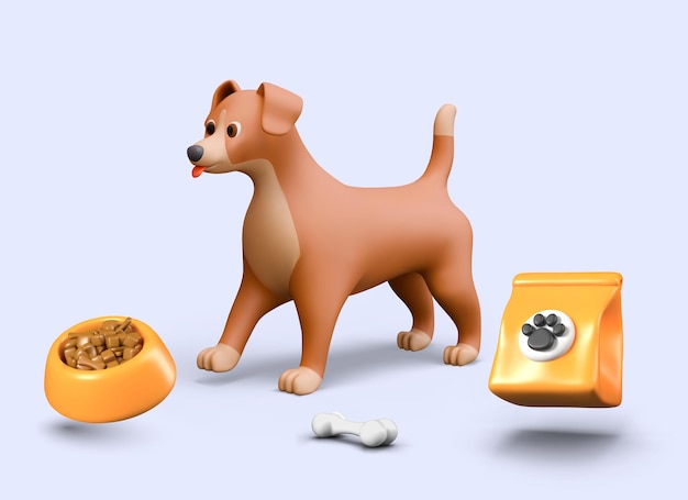 Conjunto de elementos 3D vectoriales para conceptos de alimentación de animales Caracteres divertidos y accesorios