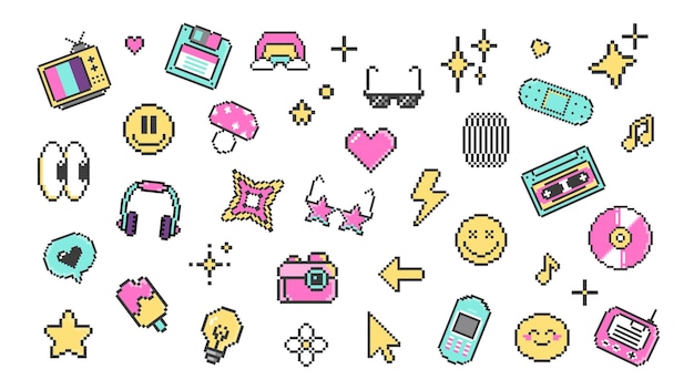 conjunto de elementos de 90 en la ilustración vectorial de pixel art
