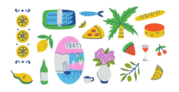 Conjunto de elementos abstractos de comidas italianas en estilo plano comida tropical pizza baguette limones