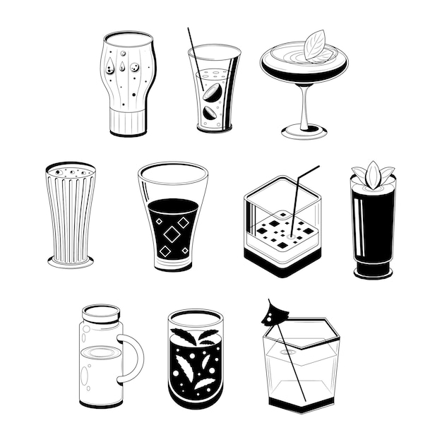 Vector conjunto de elementos abstractos de doodle colección dibujada a mano bebidas bebidas cócteles alcohol bosquejo vector