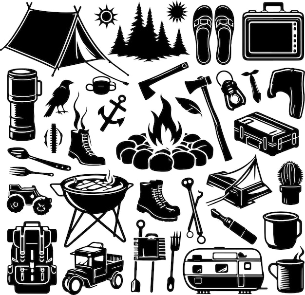 Vector conjunto de elementos de acampada