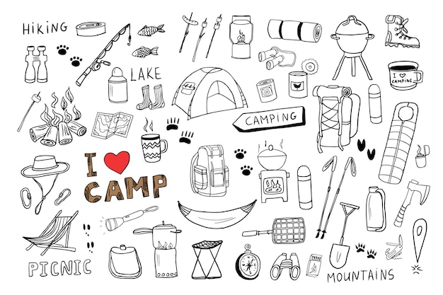 Conjunto de elementos para acampar y hacer caminatas en estilo doodle, accesorios y equipos de viaje para picnic