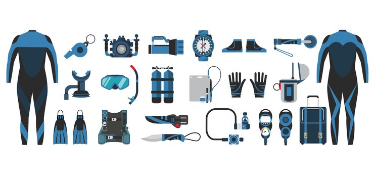 Conjunto de elementos y accesorios de buceo. Colección de equipos de buceo. Tipos de vectores e iconos.