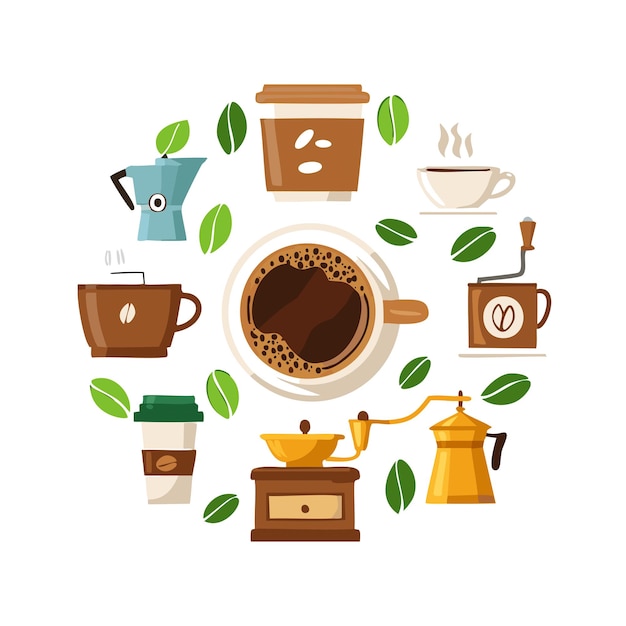 Conjunto de elementos y accesorios de café Vector