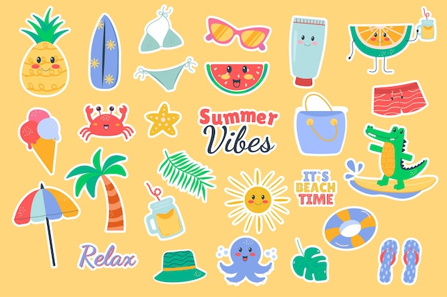 Vector conjunto de elementos accesorios de pegatinas kawaii de dibujos animados de verano lindo estilo de garabato plano