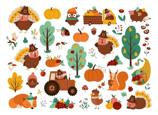 Conjunto de elementos de acción de gracias de vector colección de iconos de otoño con divertidos animales de pavo cosecha cornucopia calabazas árboles paquete de vacaciones de otoño con coche tractor frutas verduras