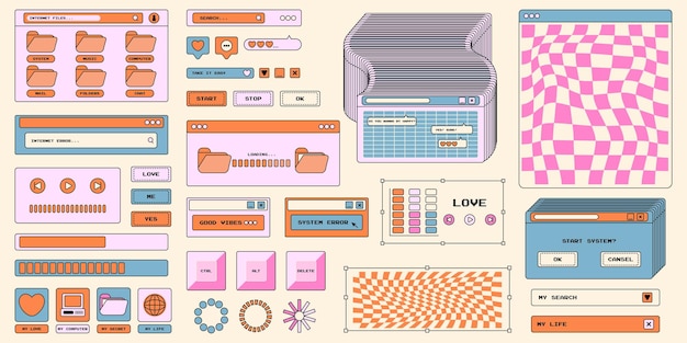 Conjunto de elementos adhesivos en la interfaz de estilo moderno de la década de 2000 Marco moderno de interfaz de juego retro