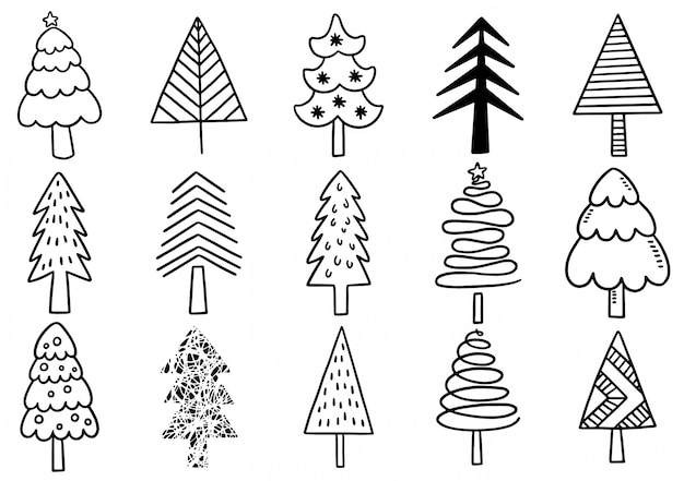 Conjunto de elementos aislados de árbol de Navidad dibujados a mano.