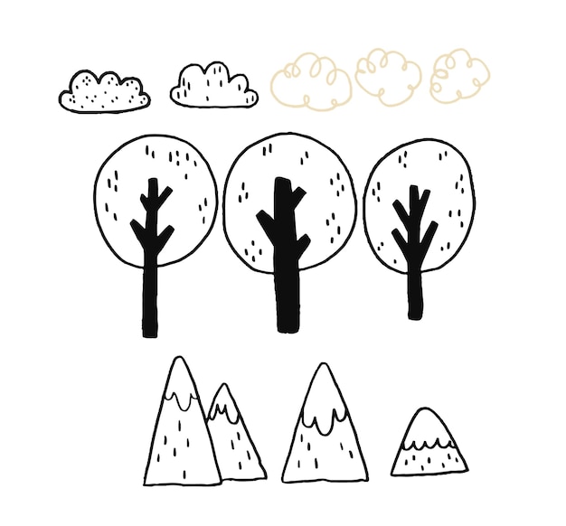 Conjunto de elementos aislados del paisaje natural dibujados a mano