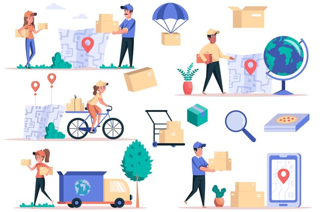 Conjunto de elementos aislados del servicio de entrega Paquete de mensajeros que entregan paquetes logística global