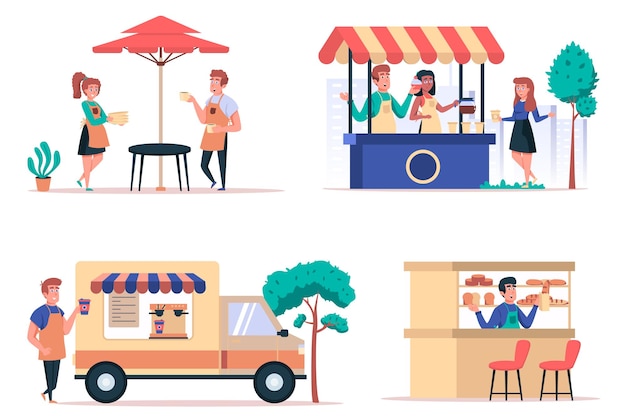 Conjunto de elementos aislados de tienda de comida callejera Paquete de café con camareros venta de café en quiosco y coche