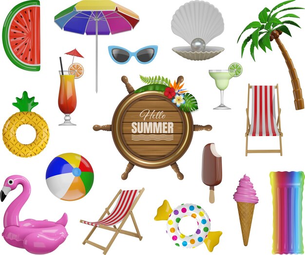 conjunto de elementos aislados de verano colección de elementos de verano realistas en 3D