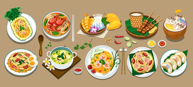 Conjunto de elementos alimenticios tailandeses dibujados a mano