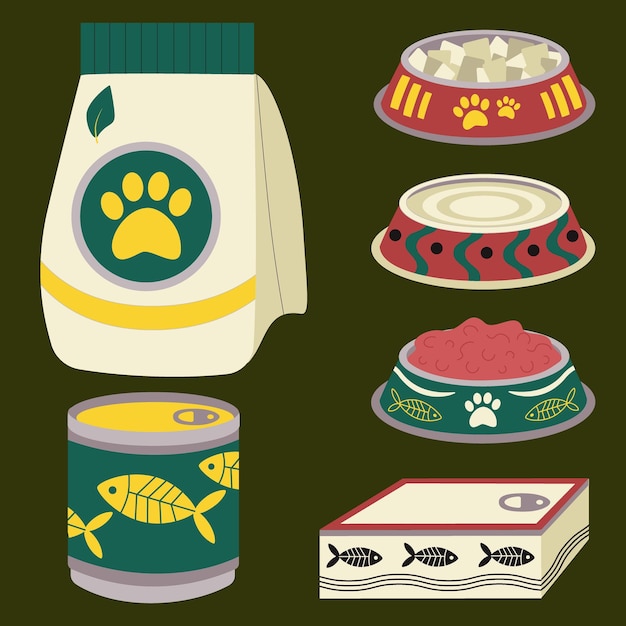 Un conjunto de elementos para animales gatos perros comida forraje comida enlatada pescado un plato con forraje
