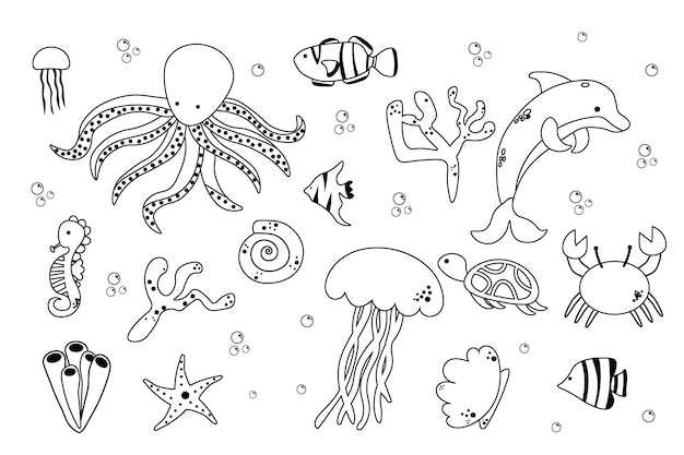 Conjunto de elementos de animales submarinos colección de plantilla de libro para colorear el grupo de elementos digitales de esquema ilustración vectorial juego educativo para niños página eps