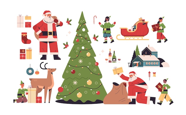 Conjunto de elementos de año nuevo concepto de celebración de vacaciones de Navidad feliz colección de iconos diferentes ilustración vectorial horizontal de longitud completa