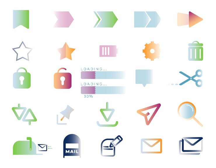 Vector conjunto de elementos para la aplicación de correo y el marcador web flechas estrellas configuración mensaje de batería documento papelera lupa pin de seguridad barra de carga tijeras buzón de correo, etc. ilustración de vector plano