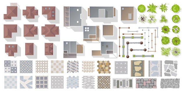 Conjunto de elementos arquitectónicos y paisajísticos vista superior kit colección de casas plantas jardín árboles cerca azulejo exterior para proyecto plan mapa patio vista desde arriba ilustración vectorial plana