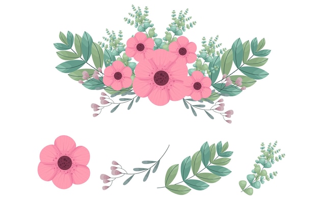 Conjunto de elementos y arreglos florales rosados