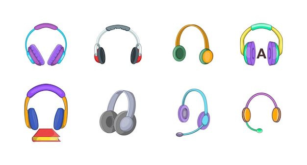 Conjunto de elementos de auriculares. conjunto de dibujos animados de elementos de vector de auriculares