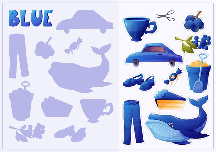 Vector un conjunto de elementos azules aislados para que los niños estudien colores libro infantil o libro de texto para preescolares colección de elementos de dibujos animados vectoriales juego educativo de coincidencia de sombras