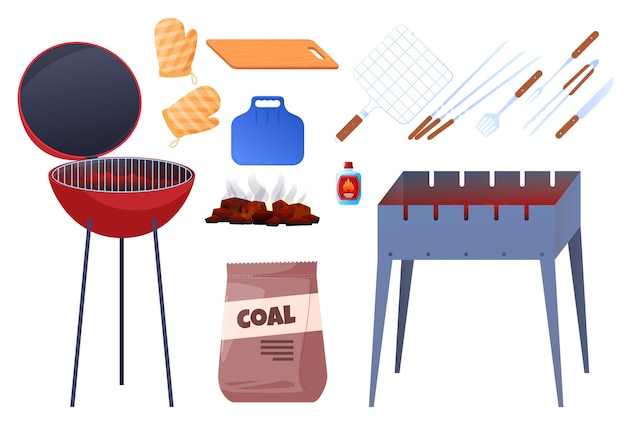 Conjunto de elementos para barbacoa calor parrilla de carbón brochetas cocinar carne ilustración vectorial sobre un fondo blanco ...