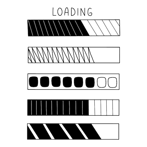 Conjunto de elementos de barras de carga dibujo de líneas dibujadas a mano estilo de boceto Velocidad de descarga lenta estado de progreso Internet concepto de barra de carga Ilustración vectorial aislada