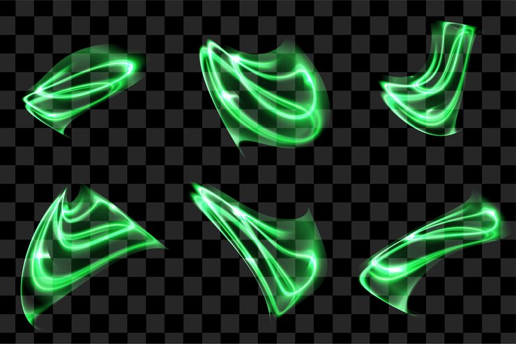 Vector conjunto de elementos básicos de neón verde remolino y formas abstractas onduladas