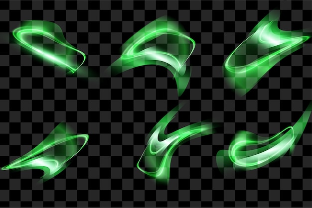 Conjunto de elementos básicos de neón verde remolino y formas abstractas onduladas