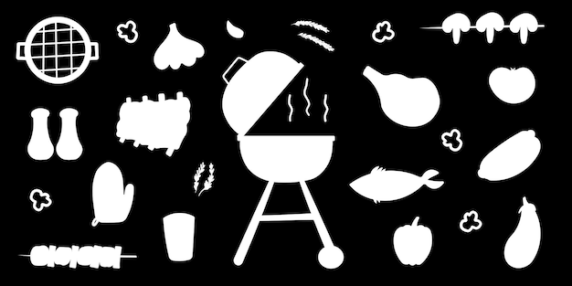 Conjunto de elementos blancos y negros para la fiesta de barbacoa Bbq