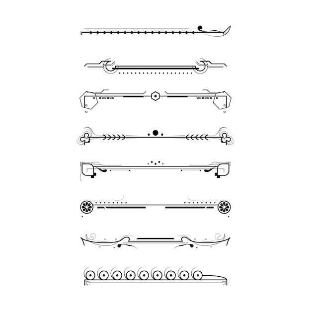 Conjunto de elementos de borde de garabato de colección de líneas simples negras, boceto de estilo de diseño vectorial aislado