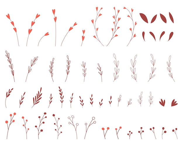 Un conjunto de elementos botánicos simples. ramitas, hojas, ramitas con corazones, bayas al estilo infantil.